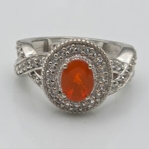 Designer Signed Genuine Mexican Fire Opal And White Topaz Halo Ring
